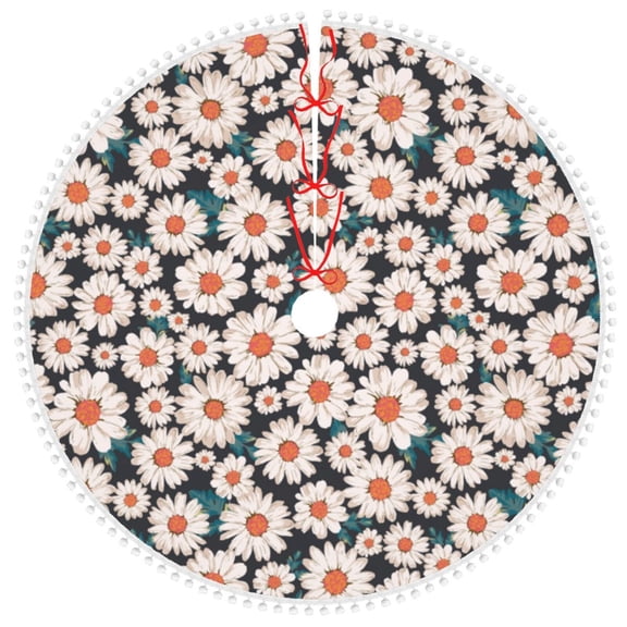 Honeii Daisies Flowers Print Christmas Tree Skirt with Pom Pom Tree Skirt Christmas Tree Mat Plush Xmas Tree Skirt for Decorations Holiday Party-30"