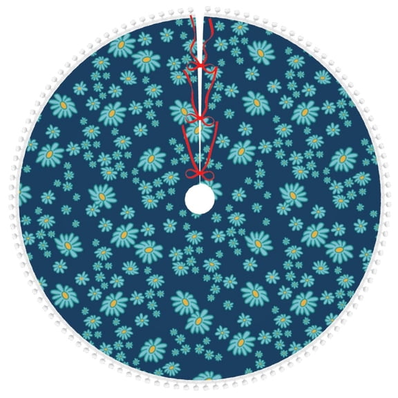 Honeii Daisies Flowers Print Christmas Tree Skirt with Pom Pom Tree Skirt Christmas Tree Mat Plush Xmas Tree Skirt for Decorations Holiday Party-30"