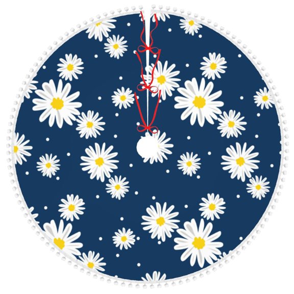 Honeii Daisies Flowers Print Christmas Tree Skirt with Pom Pom Tree Skirt Christmas Tree Mat Plush Xmas Tree Skirt for Decorations Holiday Party-30"