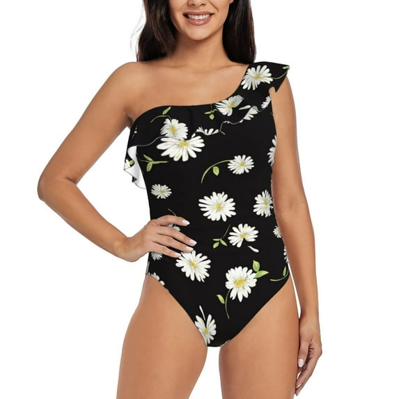 Honeii Daisies Flowers for women's one-piece swimsuit featuring a chic one-shoulder design experience elegance and style in the water-Medium