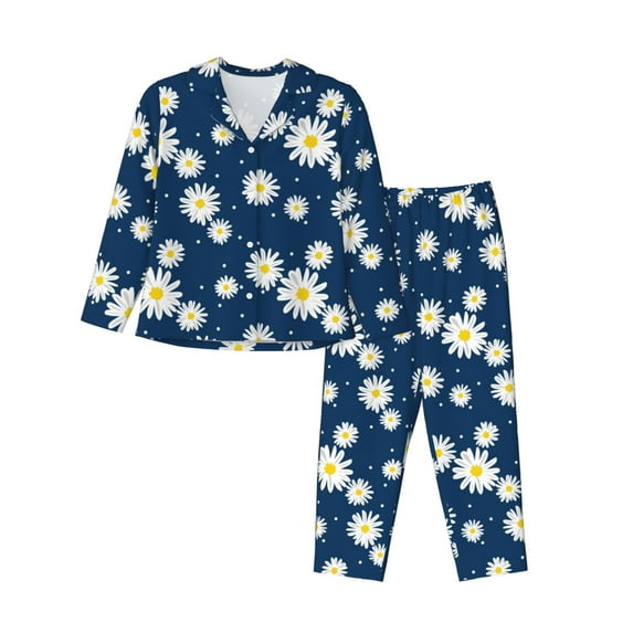 Honeii Daisies Flowers print Women's Pajama Sets Long Sleeve Button Down Sleepwear Nightwear Soft Pjs Lounge Sets-Medium