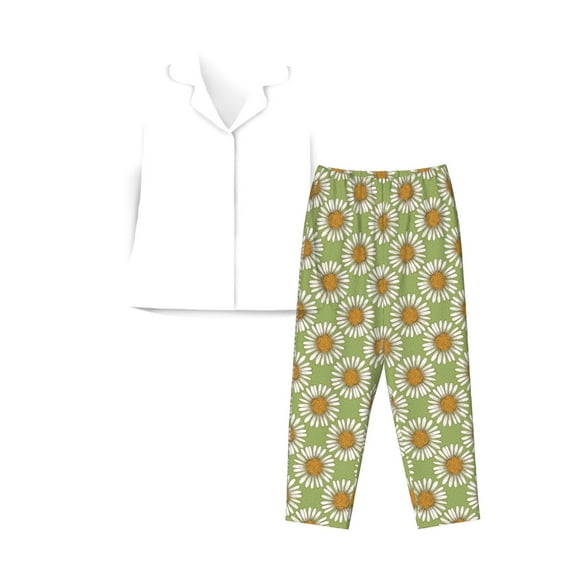 Honeii Daisies Flowers print Women's Pajama Sets Long Sleeve Button Down Sleepwear Nightwear Soft Pjs Lounge Sets-Small