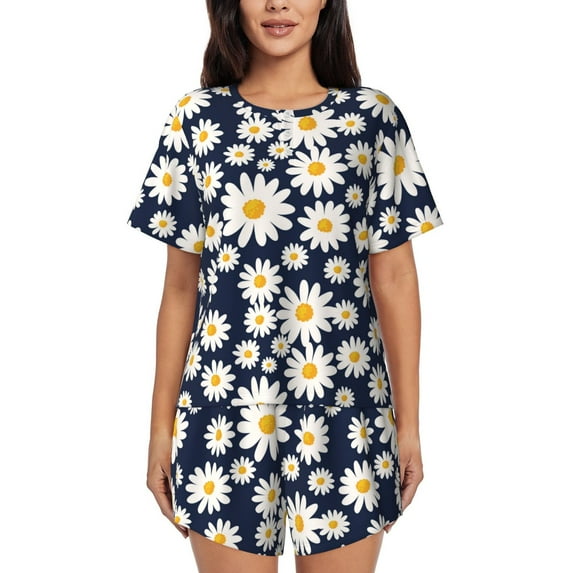 Honeii Daisy Floral for Women's Summer Pajama Set featuring Soft Short Sleeve Shirt & Matching Bottoms with Convenient Pockets for Relaxed Home Wear-Small