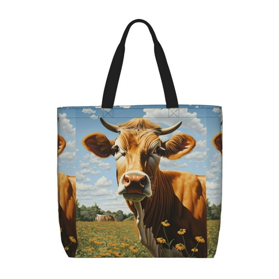Honeii Daisy Flower Field Cow Print Tote Bag, Reusable Grocery Shopping Bag,Shoulder Bag with Inner Pocket