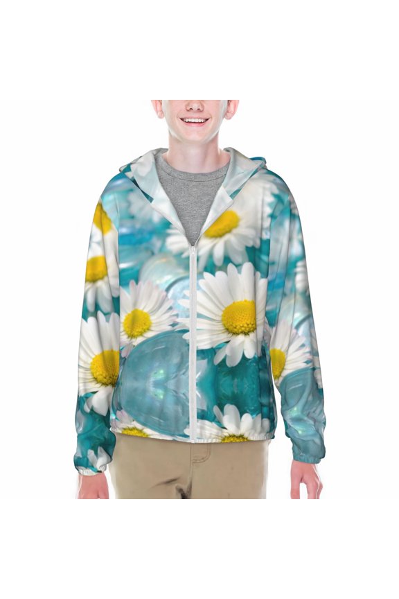 Daisy Flowers Print Sun Protection Jacket Hooded Cooling Shirt with Pockets Hiking Outdoor Performance-X-Large