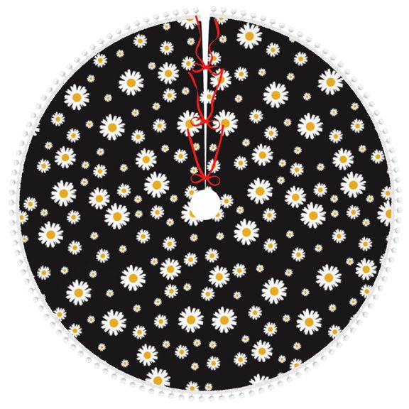 Honeii Daisy Print Christmas Tree Skirt with Pom Pom Tree Skirt Christmas Tree Mat Plush Xmas Tree Skirt for Decorations Holiday Party-36"