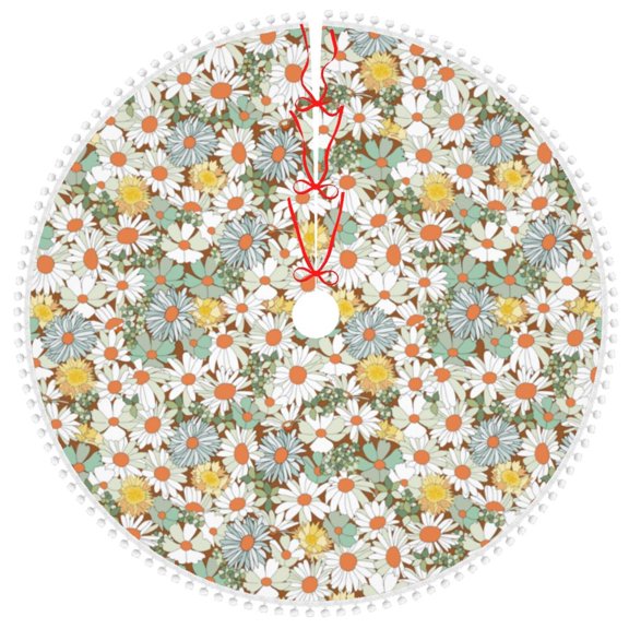 Honeii Daisy Print Christmas Tree Skirt with Pom Pom Tree Skirt Christmas Tree Mat Plush Xmas Tree Skirt for Decorations Holiday Party-48"