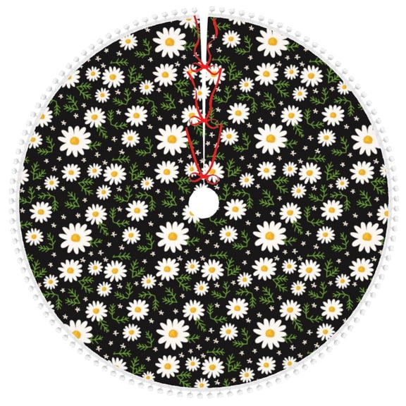 Honeii Daisy Print Christmas Tree Skirt with Pom Pom Tree Skirt Christmas Tree Mat Plush Xmas Tree Skirt for Decorations Holiday Party-
