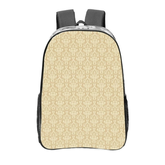 Honeii Damask Beige Tan Brown Print Clear Backpack Heavy Duty Transparent Bag 17" See Through BookBag for Women Men Adults Work Festival Sports Travel