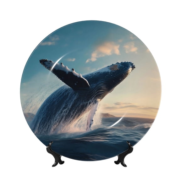Honeii Dancing Whale Print Elegant Bone China Decorative Plate, Porcelain Plate,Art Crafts,Ceramic Ornaments for Home Office Wall Decor-7in