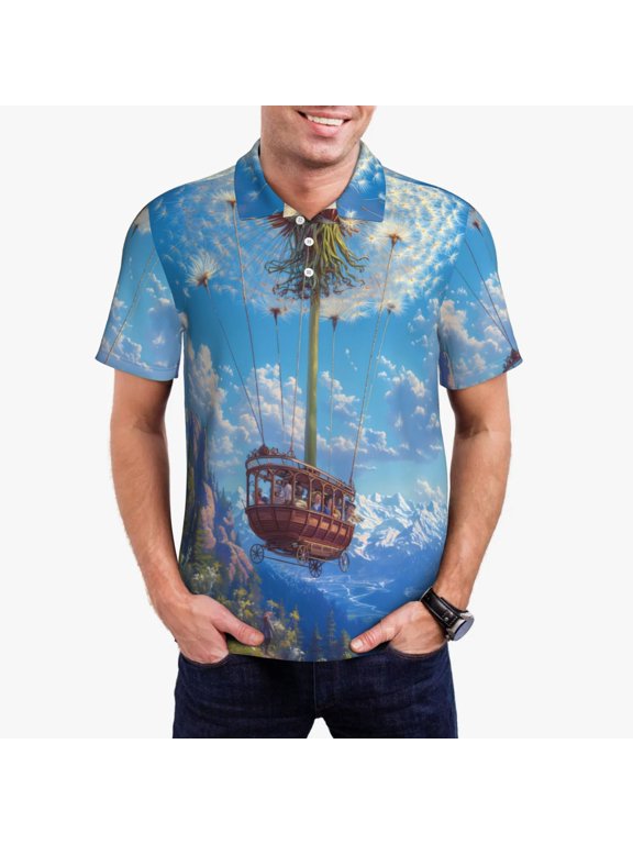 Dandelion Hot Air Balloon Print Polo Shirt, A Classic Short-Sleeved, Button-Down Golf Shirt for Men,Mens Polo Shirts Short Sleeve-Medium