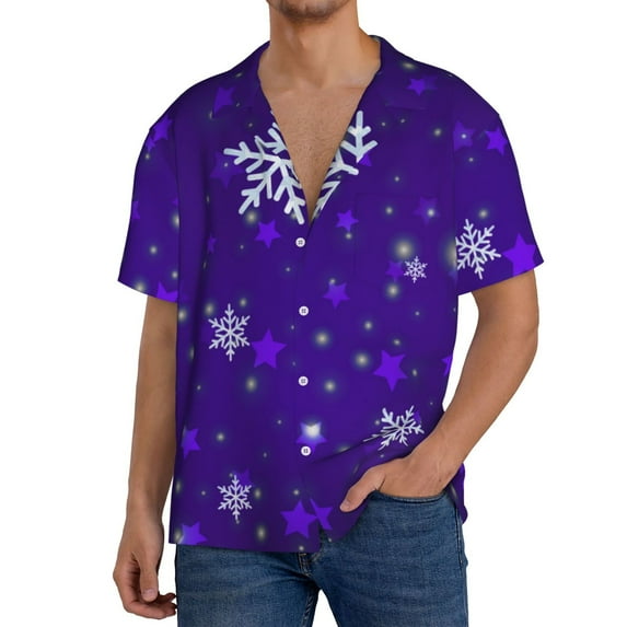 Honeii Dark Purple Snowflakes for Men's Short-Sleeved Button-Up Collared Shirt Featuring A Pocket, Perfect for Beach Vacations, And Travel Adventures.-X-Large