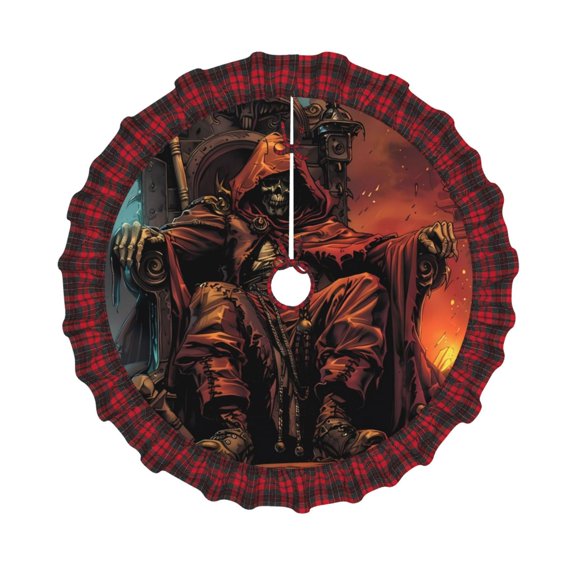 Honeii Dark Skull King Throne Pattern Christmas Tree Skirt, Christmas Ribbon Holly Winter Holiday Tree Mat Decoration-
