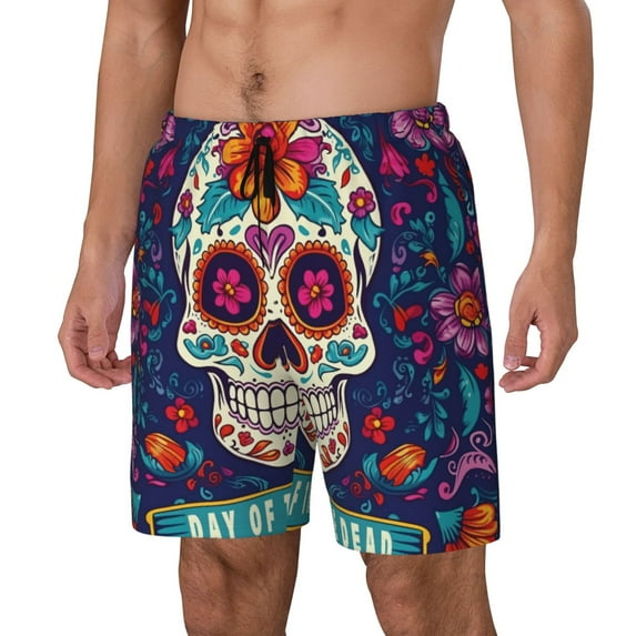 Honeii Dead Day Party Print Men's Swim Shorts,Mens Swim Trunks,Breathable Mesh Beach Shorts for Swimming,Surfing, and Beach Activities-X-Large