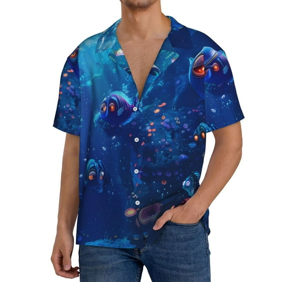 Honeii Deep Sea Glowing Fishes for Men's Short-Sleeved Button-Up Collared Shirt Featuring A Pocket, Perfect for Beach Vacations, And Travel Adventures.-X-Large