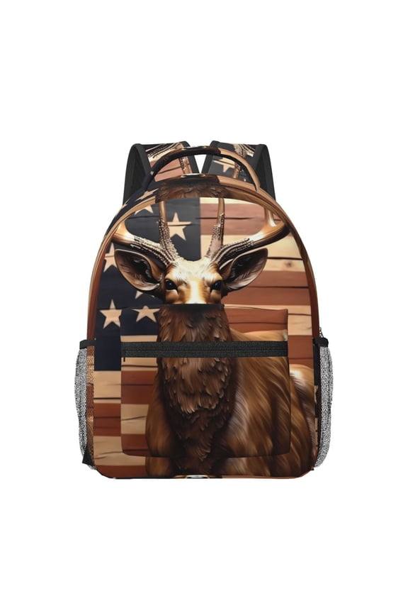 Deer American Flag Vintage Print Backpack for School,15.6 inch Laptop Back Pack for High School and College Students, Waterproof Computer Bookbag-One Size