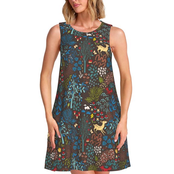 Honeii Deers In The Forest 1 Print Women's Sleeveless Dress, Loose Fit Casual Dress for Women, Summer Fashion Dress