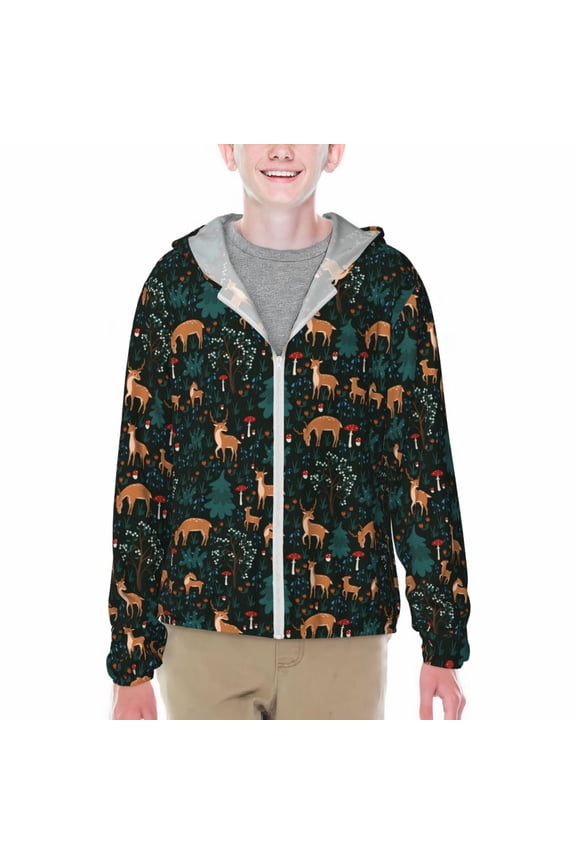 Deers In The Forest Print Sun Protection Jacket Hooded Cooling Shirt with Pockets Hiking Outdoor Performance-