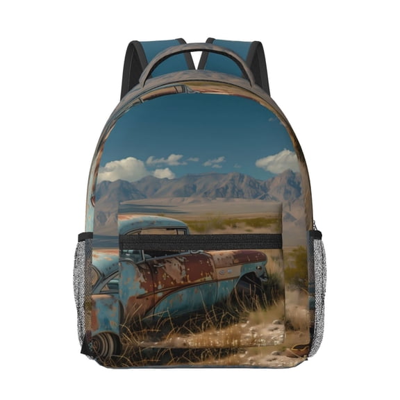 Honeii Deserted Classic Car Landscape Print Backpack for School,15.6 inch Laptop Back Pack for High School and College Students, Waterproof Computer Bookbag-One Size