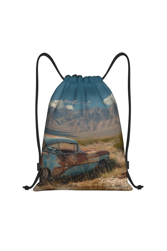 Deserted Classic Car Landscape Print Drawstring Backpack,Drawstring Bags String Backpack Gym Cinch Sack Backpack Sport Bag Draw-