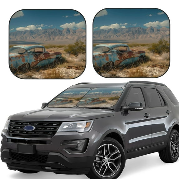 Honeii Deserted Classic Car Landscape Print Foldable Car Sun Shade for Windshield, 2-Piece UV Protection Shade, Protects Car Interior, Ideal for Cars, Trucks, SUVs-Large