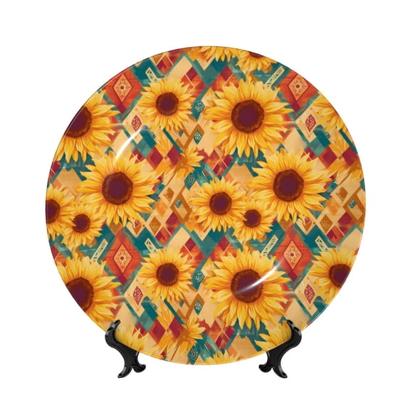 Honeii Diamond Bohemian Sunflower Print Elegant Bone China Decorative Plate, Porcelain Plate,Art Crafts,Ceramic Ornaments for Home Office Wall Decor-8in