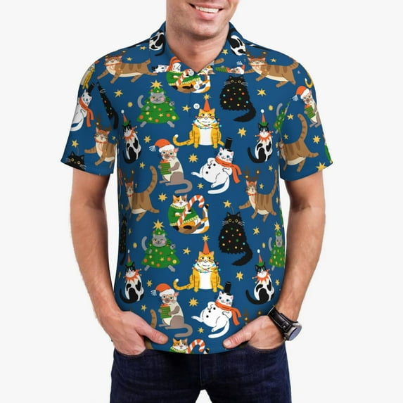 Honeii Different Cats Christmas Print Polo Shirt, A Classic Short-Sleeved, Button-Down Golf Shirt for Men,Mens Polo Shirts Short Sleeve-X-Large