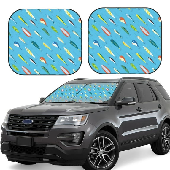 Honeii Different Color Fishing Bait Print Foldable Car Sun Shade for Windshield, 2-Piece UV Protection Shade, Protects Car Interior, Ideal for Cars, Trucks, SUVs-Medium