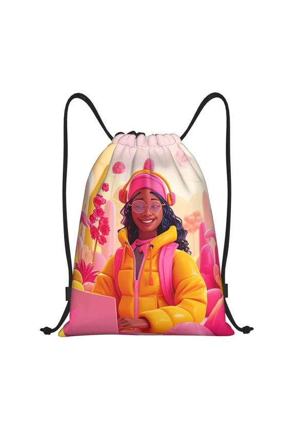 Digital Nomad Pink Landscape Print Drawstring Backpack,Drawstring Bags String Backpack Gym Cinch Sack Backpack Sport Bag Draw-Small