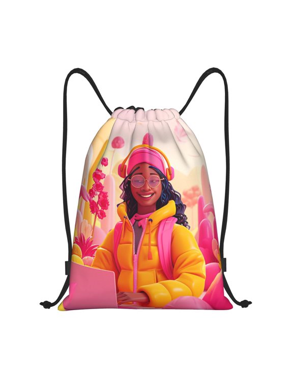 Digital Nomad Pink Landscape Print Drawstring Backpack,Drawstring Bags String Backpack Gym Cinch Sack Backpack Sport Bag Draw-Small