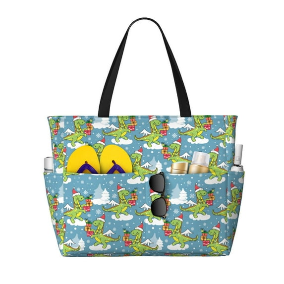 Honeii Dino Christmas Adventure Snowy Blue for Tote Bag with Adjustable Strap,Beach Bag, Waterproof Sandproof Beach Tote Bag, Large Capacity Foldable Beach Bags