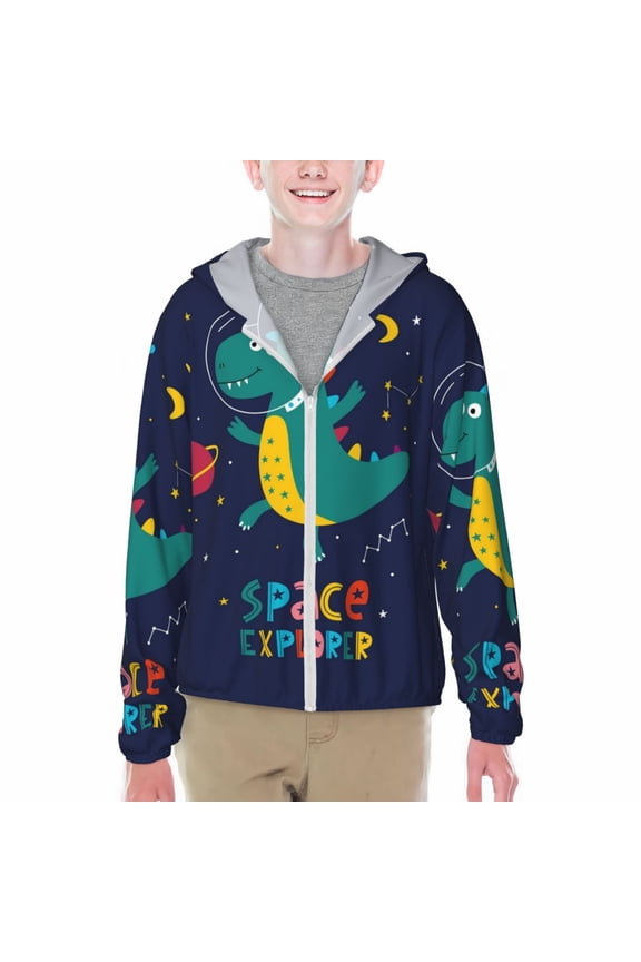 Dinosau Space Explorer Print Sun Protection Jacket Hooded Cooling Shirt with Pockets Hiking Outdoor Performance-Small