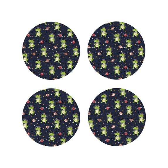Honeii Dinosaur Astronaut Print Leather Coaster Set of 4, Ideal for Safeguarding Your Furniture from Drinks Spills and Effortless Cleanup-Round Shape