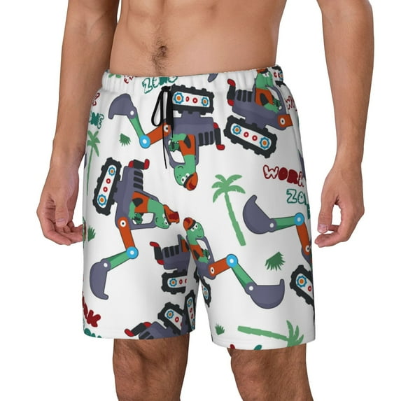 Honeii Dinosaur on Excavator2 Print Men's Swim Shorts,Mens Swim Trunks,Breathable Mesh Beach Shorts for Swimming,Surfing, and Beach Activities-X-Large