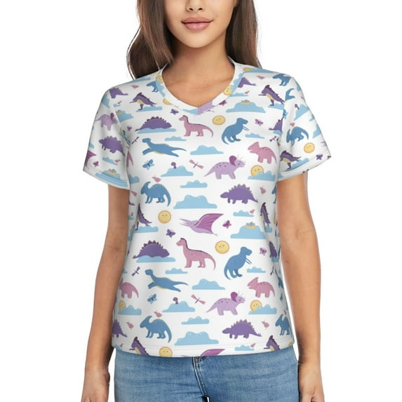 Honeii Dinosaur Print Women's Classic V-Neck T-Shirt,Womens Fashion Tops,Stylish Everyday Top for Women, Casual Summer Spring Outfits Clothes-Small
