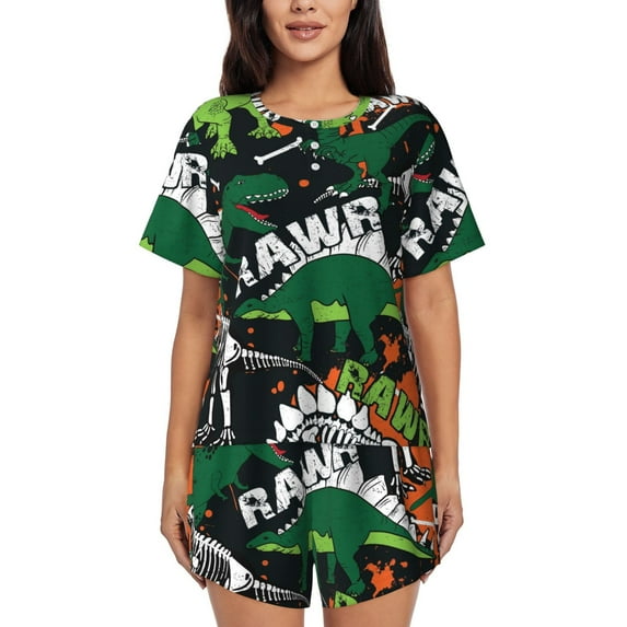 Honeii Dinosaur Skeleton for Women's Summer Pajama Set featuring Soft Short Sleeve Shirt & Matching Bottoms with Convenient Pockets for Relaxed Home Wear-Large