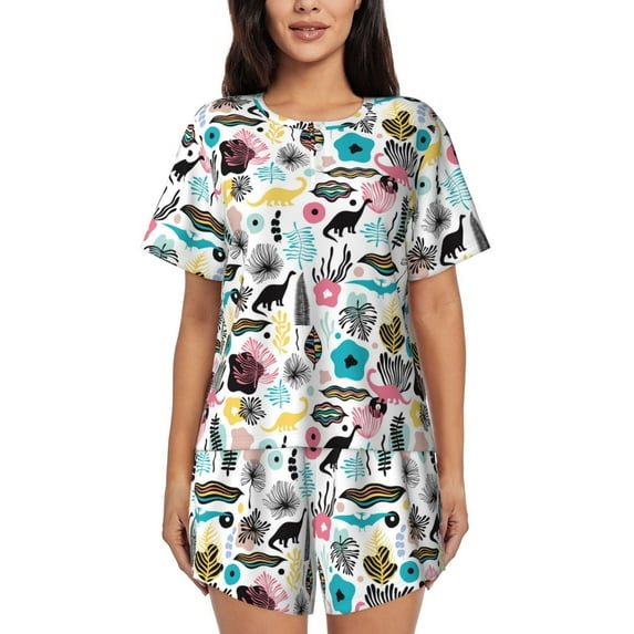 Honeii Dinosaur for Women's Summer Pajama Set featuring Soft Short Sleeve Shirt & Matching Bottoms with Convenient Pockets for Relaxed Home Wear-Medium