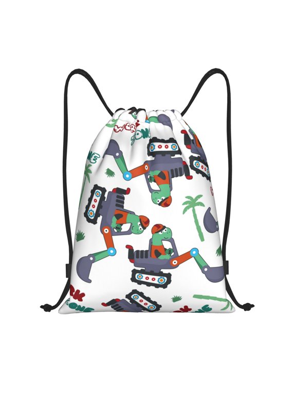 Dinosaur on Excavator2 Print Drawstring Backpack,Drawstring Bags String Backpack Gym Cinch Sack Backpack Sport Bag Draw-Medium