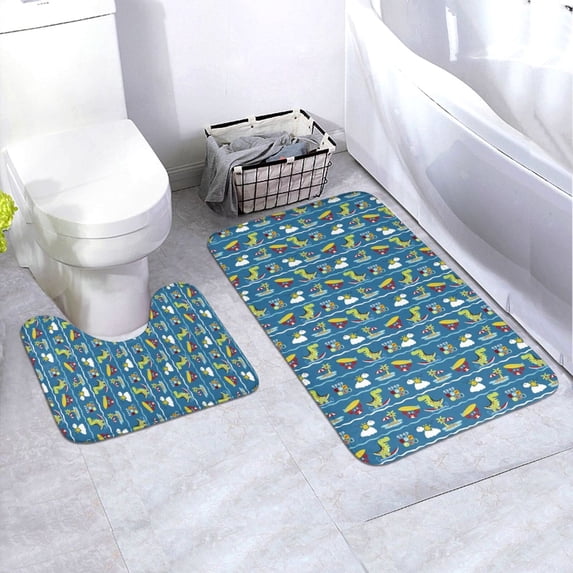 Honeii Dinosaur on the Beach Vacation Pattern Bathroom Anti-Skid Pad Bathroom Mat Vintage Seamless Pattern Not-Slip Toilet Rug Set