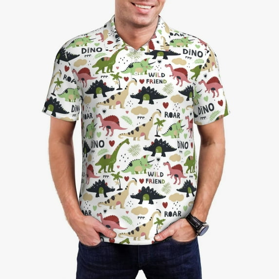 Honeii Dinosaur print Polo Shirt, a classic short-sleeved, button-down golf shirt designed for men3X-Large