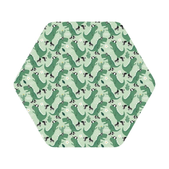 Honeii Dinosaurs on Roller Skater Print Leather Coaster Set of 6, Ideal for Safeguarding Your Furniture from Drinks Spills and Effortless Cleanup,Hexagon