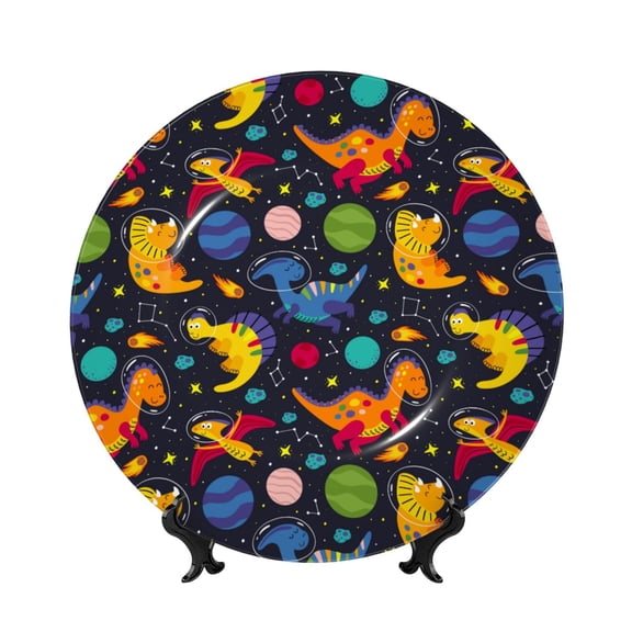 Honeii Dinosaurs in Space Print Elegant Bone China Decorative Plate, Porcelain Plate,Art Crafts,Ceramic Ornaments for Home Office Wall Decor-6in