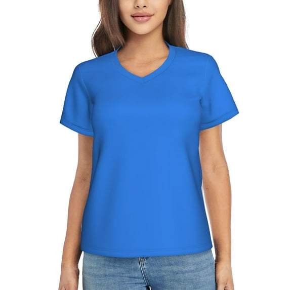 Honeii Dodgerblue Print Women's Classic V-Neck T-Shirt,Womens Fashion Tops,Stylish Everyday Top for Women, Casual Summer Spring Outfits Clothes-Medium