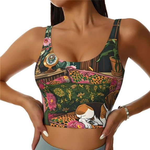 Honeii Dog On Floral Couch Patten Workout Crop Tank Top for Women Yoga Tank Tops Athletic Sports Shirts Exercise Undershirts,Sports Bra,Sports vest-Small
