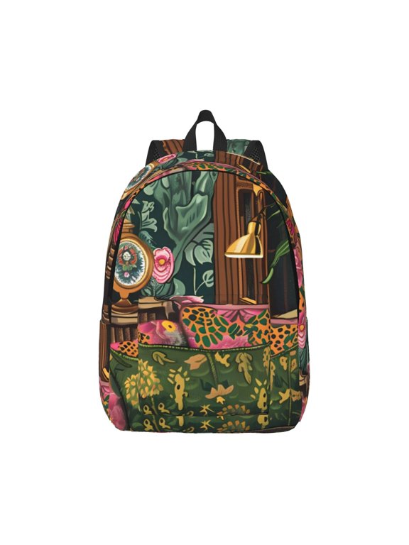 Dog On Floral Couch Print Canvas College Laptop Backpack, Durable Rucksack Travel Notebook Bag School Backpack Book Bag for Men Women-Small