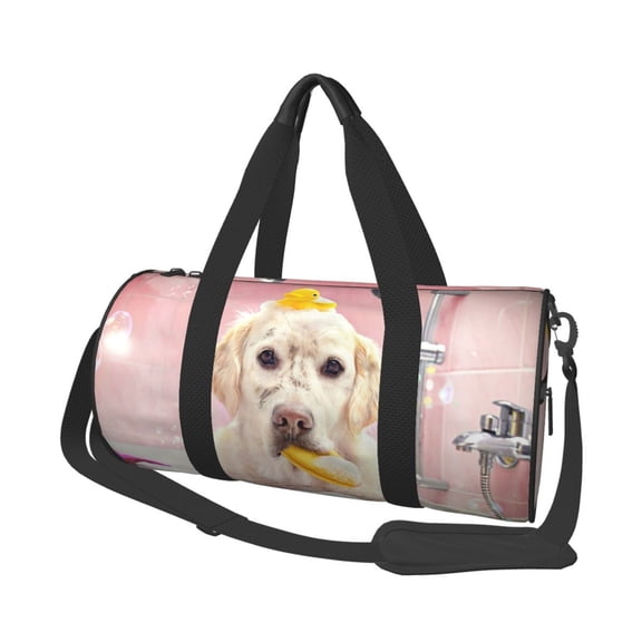 Honeii Dog Sitting In Bathtub With Duck On Head Print Duffle Bag and Adjustable Strap,Foldable Travel Duffel Bags for Men Women,Waterproof Duffel Bags