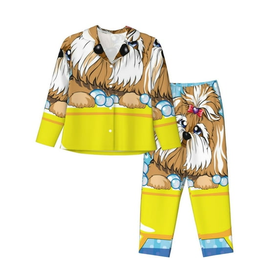 Honeii Dog Takes a Bath in the Bathtub print Women's Pajama Sets Long Sleeve Button Down Sleepwear Nightwear Soft Pjs Lounge Sets-Medium