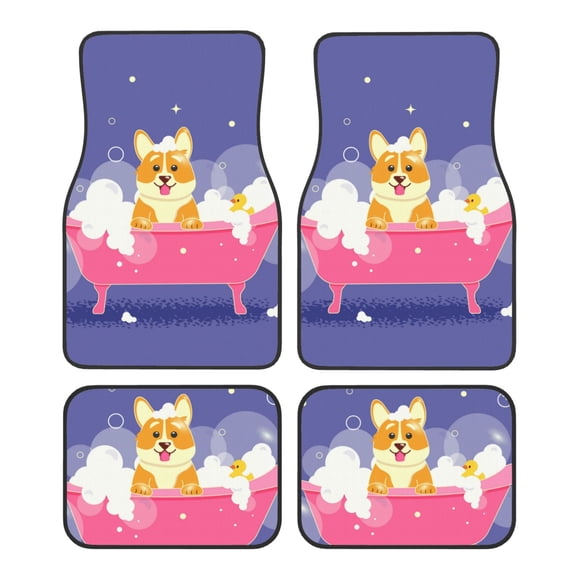 Honeii Dog Washes in a Bath Print Car Foot Mat Four-Piece Set - Front & Rear Universal Car Floor Mats for SUVs, Trucks, Sedans