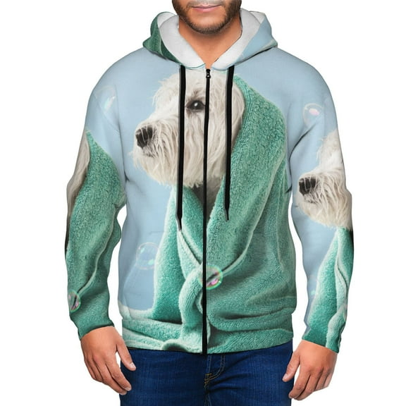 Honeii Dog Wrapped in Towel Print Hoodies for Men, Pullover & Full Zip, Breathable Zip up Hoodie, Sweatshirt-Small