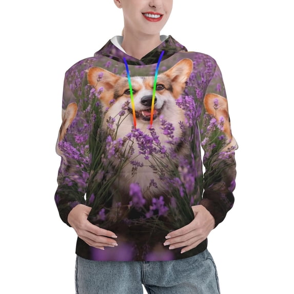 Honeii Dog in Lavender Flowers Pattern Womens Oversized Hoodies Long Sleeve Sweatshirts Pullover Fall Outfits with Pocket-XX-Large